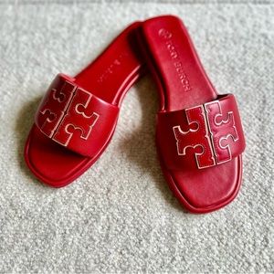 TORY BURCH Double T Sport Leather Slide Sandal, size 8.5